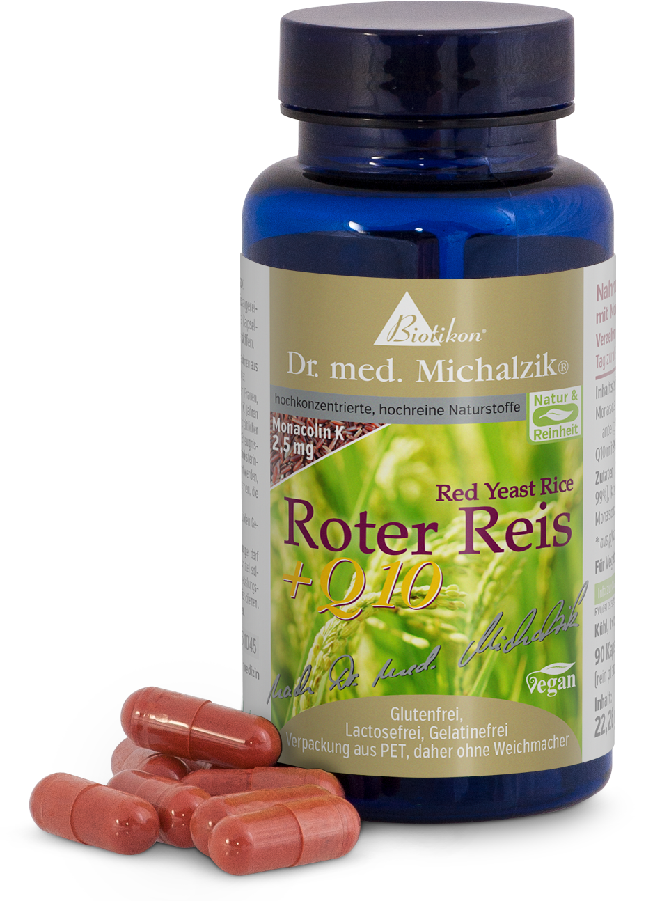 Roter Reis 2,5 mg – Kapseln Flasche mit rotem Reis und Q10 Kapseln, 90 Stück, PET Verpackung, vegan, Kapseln in rosa Farbe.