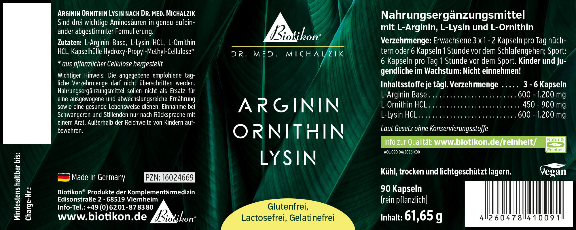 Arginin Ornithin Lysin – 90 Kapseln Nahrungsergänzungsmittel mit L-Arginin, L-Lysin und L-Ornithin in einer Packung mit 90 Kapseln, veganer Formel.