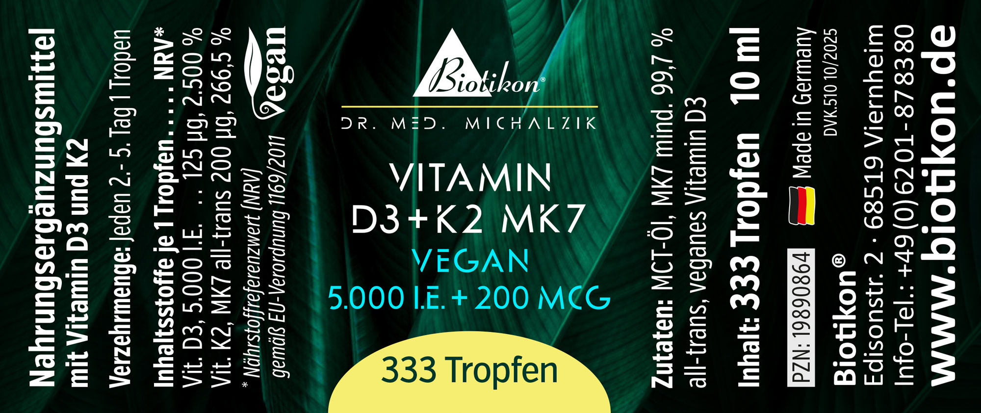 Flasche mit 333 Tropfen Vitamin D3 und K2 MK7, 10 ml, grüne Verpackung, vegan.