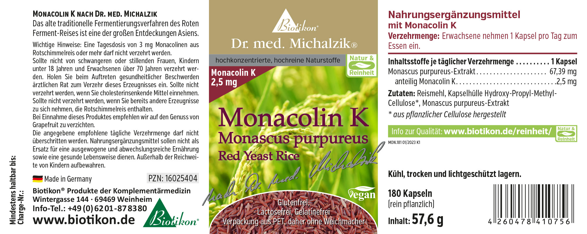 Monakolin K-Etikett deutsch Nahrungsergänzungsmittel Monacolin K in einer PET-Verpackung, 180 Kapseln, braune Kapseln, Vorderansicht