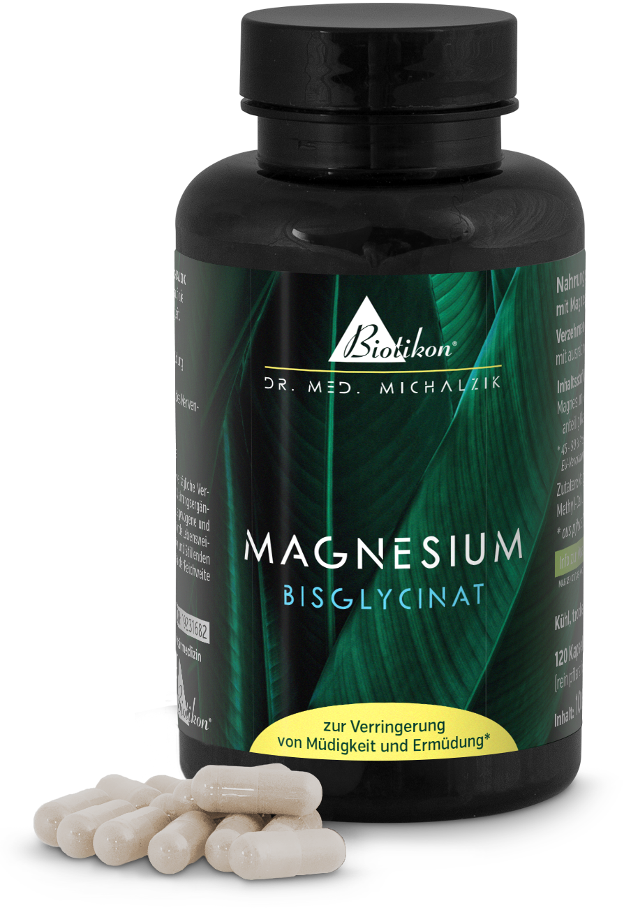 Magnesium Bisglycinat – 120 Kapseln Schwarze Flasche mit Magnesium Bisglycinat Kapseln, 120 Stück, hellbraun.
