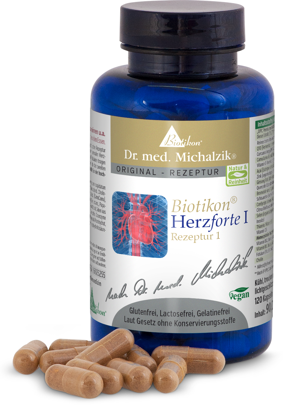 Herzforte I – 120 Kapseln Veganer Kapselbehälter mit 120 braunen Kapseln, auf weißem Hintergrund.