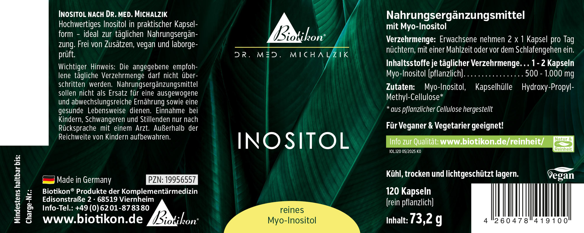 Inositol 1000 mg – Kapseln Inositol Nahrungsergänzungsmittel in Kapseln, 120 Stück, grüne Verpackung, pflanzlich, vegan.
