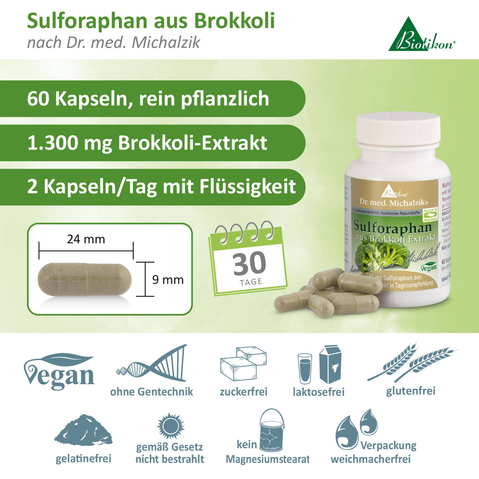 Sulforaphan aus Brokkoli – 60 Kapseln 60 pflanzliche Kapseln mit 1.300 mg Brokkoli-Extrakt, hellgrün, Flasche mit Kapseln, vegan.