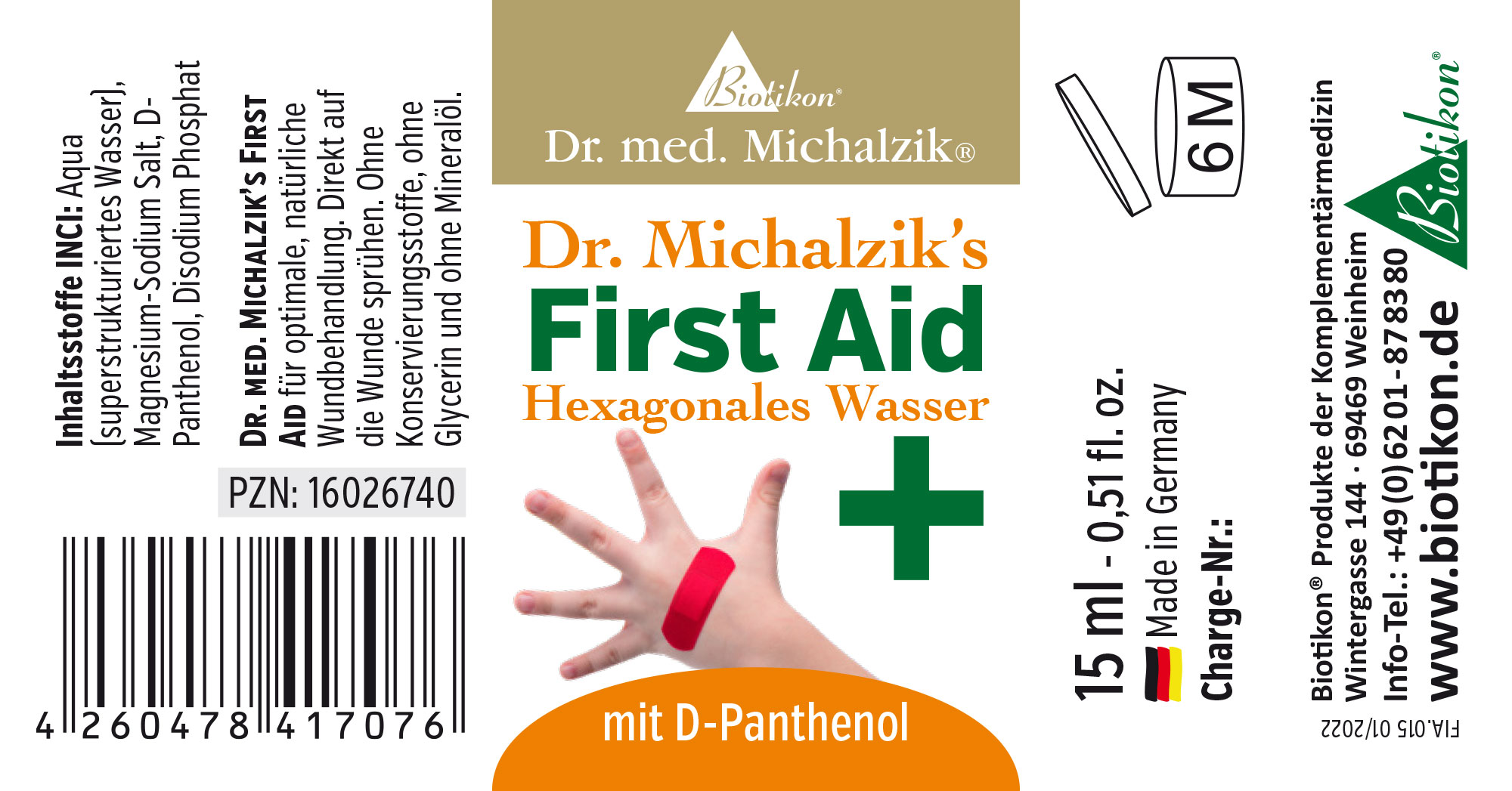 Hexagonales Wasser 15 ml – Erste Hilfe 15 ml Flasche mit hexagonalem Wasser, D-Panthenol, Erste Hilfe, orange Verpackung, hand mit Pflaster, Blick von vorne.