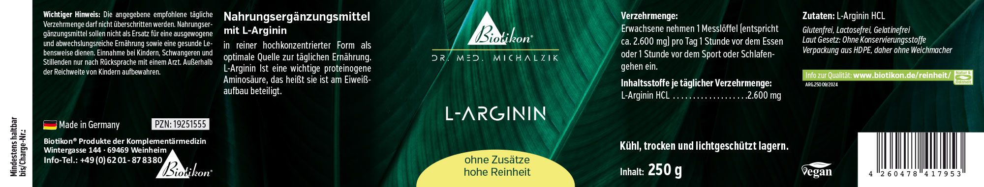 L-Arginin 250 g – Pulver L-Arginin Nahrungsergänzungsmittel, 250 g Pulver in einer grünen Verpackung, Sicht von der Seite.
