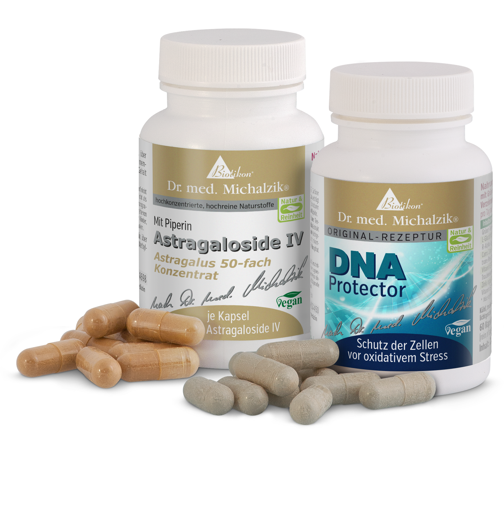 Astragaloside IV 50-fach – Kapseln Zwei Flaschen mit Astragaloside IV und DNA Protector Kapseln, beige und graue Kapseln auf einem Tisch.