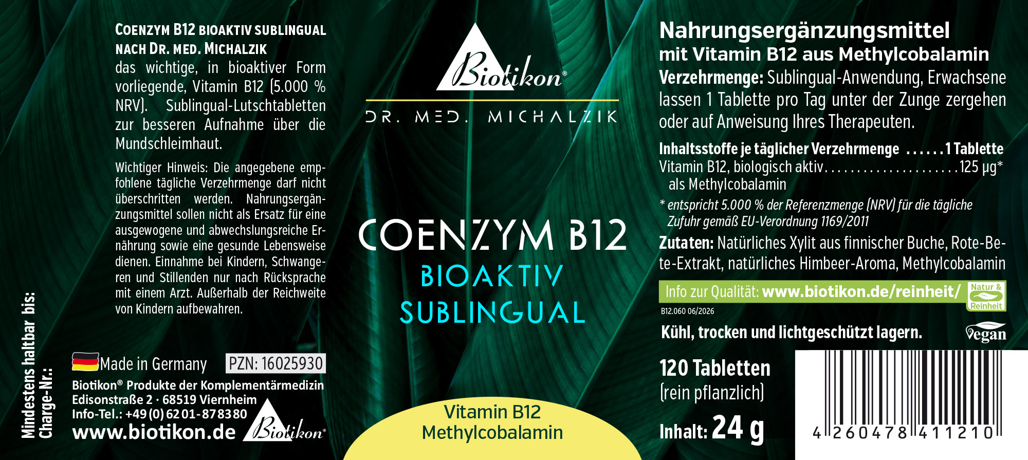 Sublingual-Tabletten mit Coenzym B12, 120 Stück, in einer weißen Verpackung, Vorderansicht.