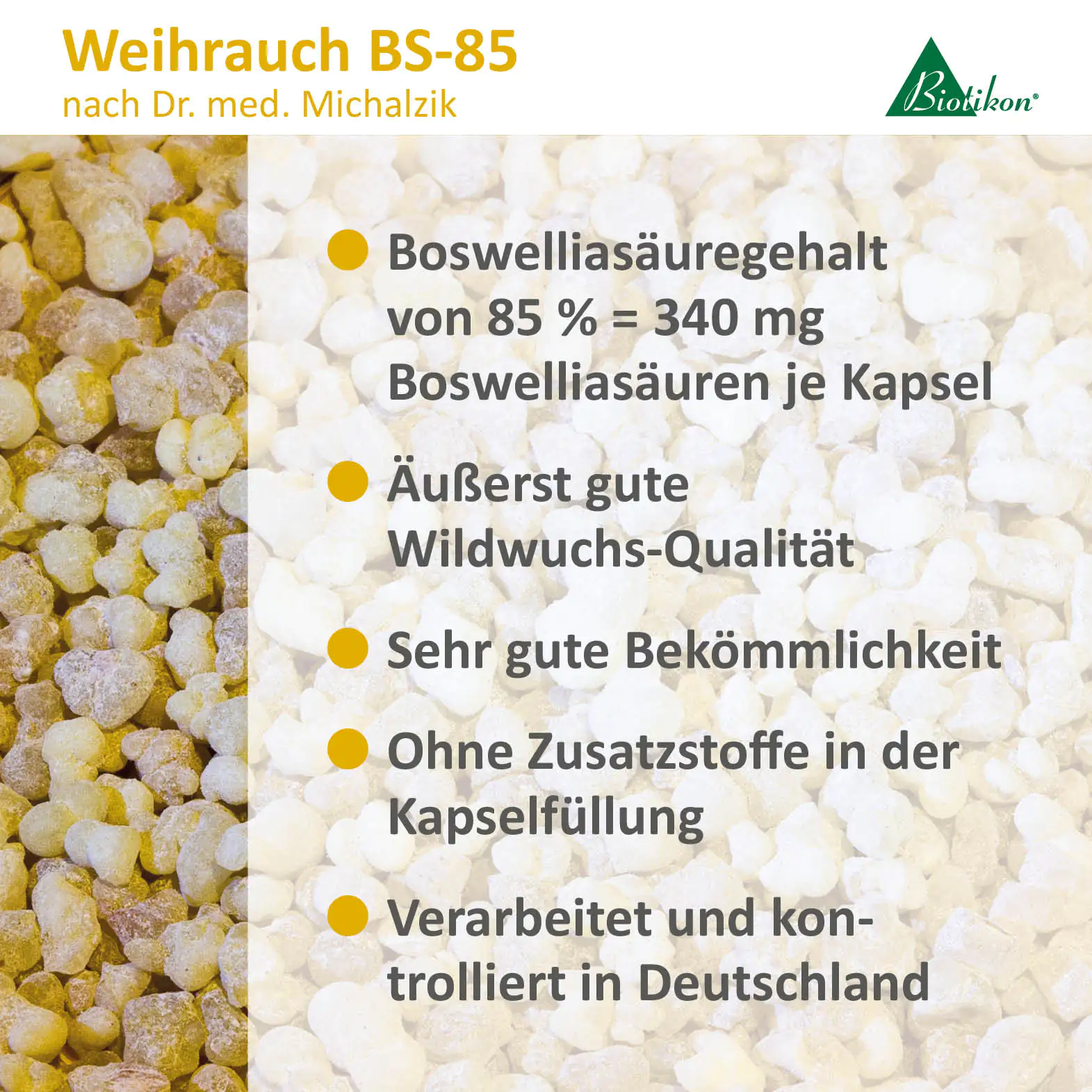 Weihrauch BS-85 – Kapseln Weihrauch BS-85 Kapseln mit 340 mg Boswelliasäuren, transparente Verpackung, hellbrauner Inhalt.
