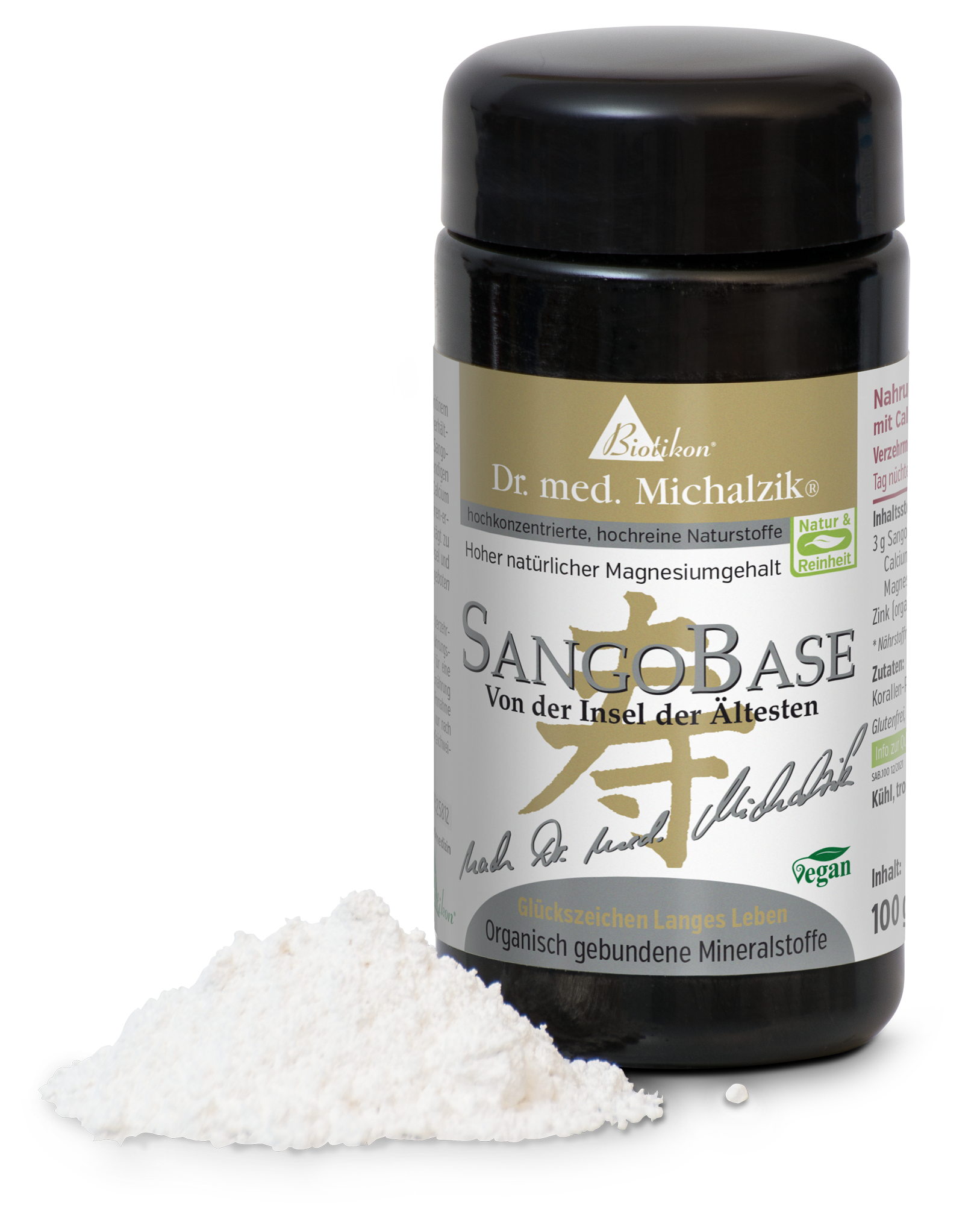 SangoBase 100 g – Pulver SangoBase Pulver in einer schwarzen Dose, 100 g, mit mineralischen Inhaltsstoffen, neben einer weißen Pulvermenge.