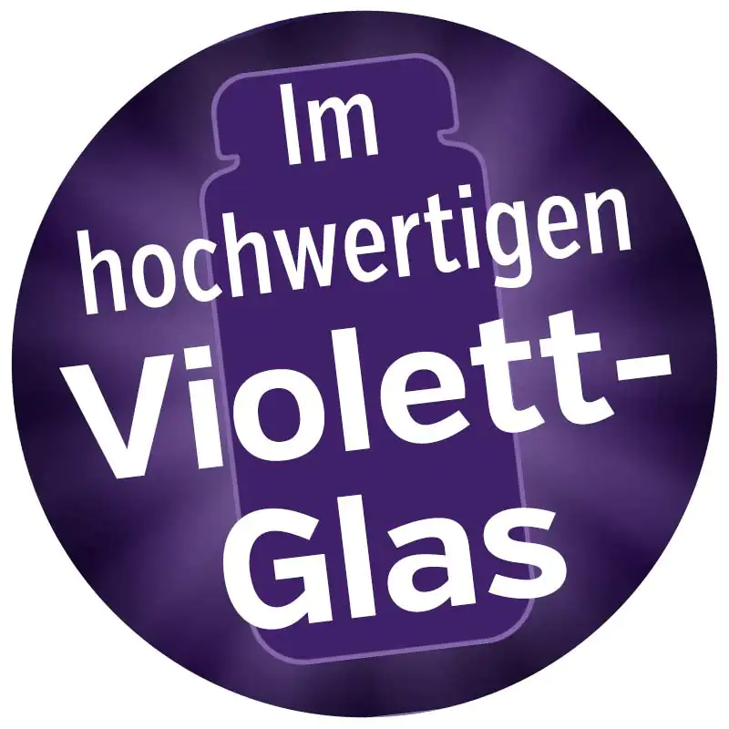 Im hochertigen Violettglas Button Rundes Etikett mit dem Text "Im hochwertigen Violett-Glas" auf lila Hintergrund.