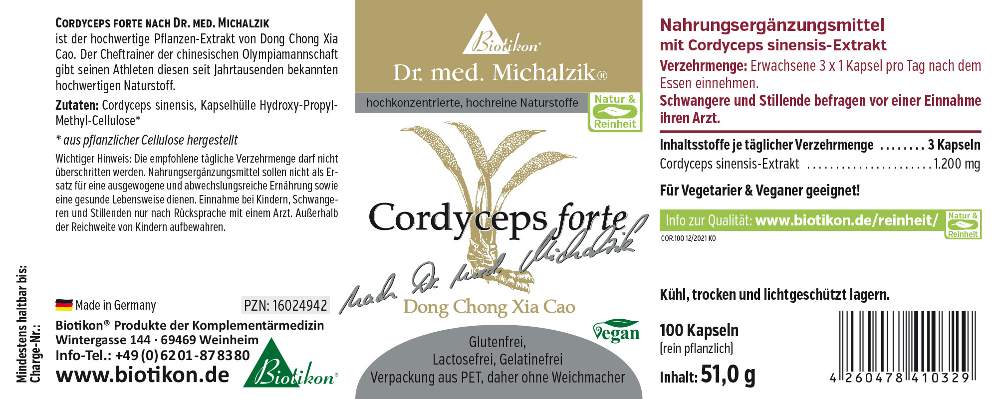 Cordyceps forte 1200 mg – 100 Kapseln Nahrungsergänzungsmittel Cordyceps forte in Kapseln, 100 Stück, Verpackung in hellen Farben, intuitiv ablesbare Dosierung.