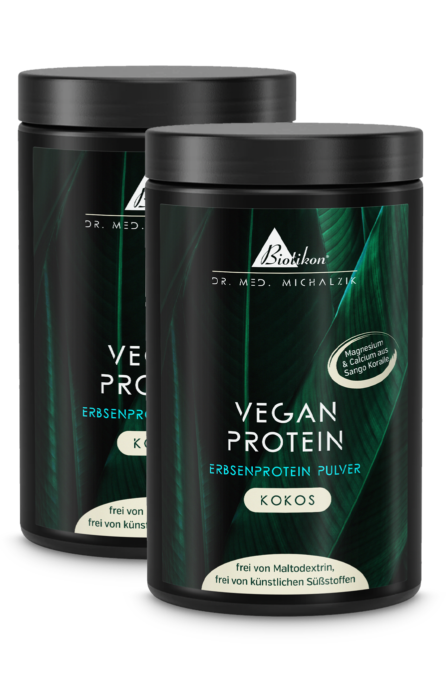 Zwei Dosen Pflanzenprotein-Pulver mit Kokosgeschmack, jeweils 400 g, in weißer Verpackung.