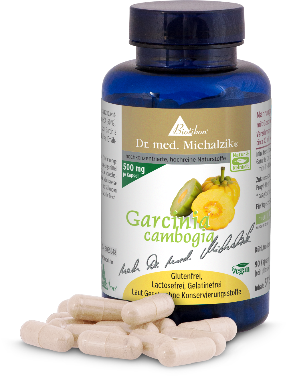 Garcinia Cambogia 500 mg – Kapseln Blaues Fläschchen mit 90 Kapseln, Garcinia Cambogia, sichtbar Kapseln und Fruchtdesign.