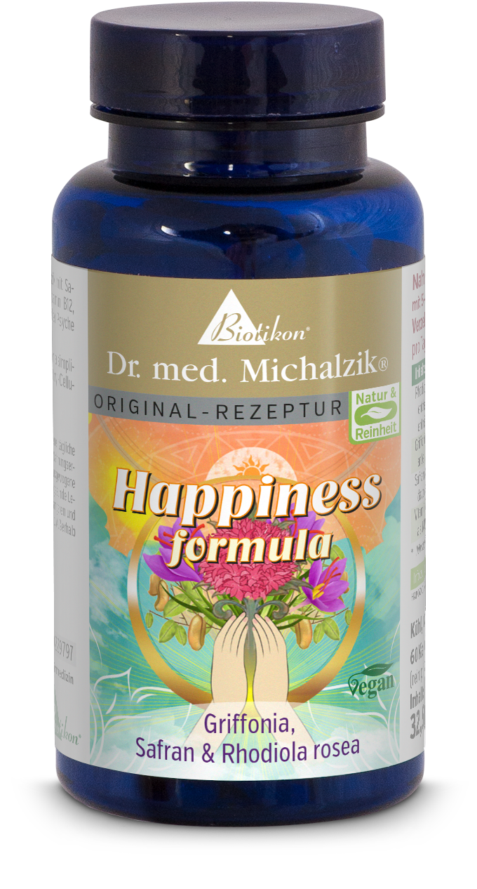 Happiness Formula – Kapseln mit Griffonia Happiness Formula Kapseln von Biotikon, 60 Stück, blaue Flasche mit buntem Etikett, vegan.