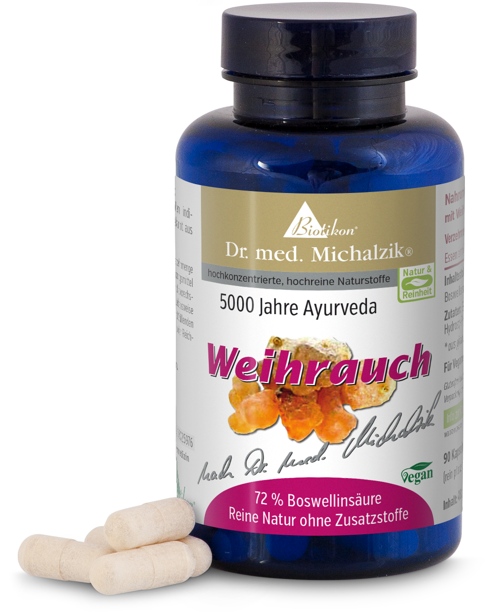 Weihrauch 500 mg – Kapseln Weihrauch Kapseln in blauer Flasche, 90 Stück, vegan, mit weißer Kapsel und Boswellinsäure.
