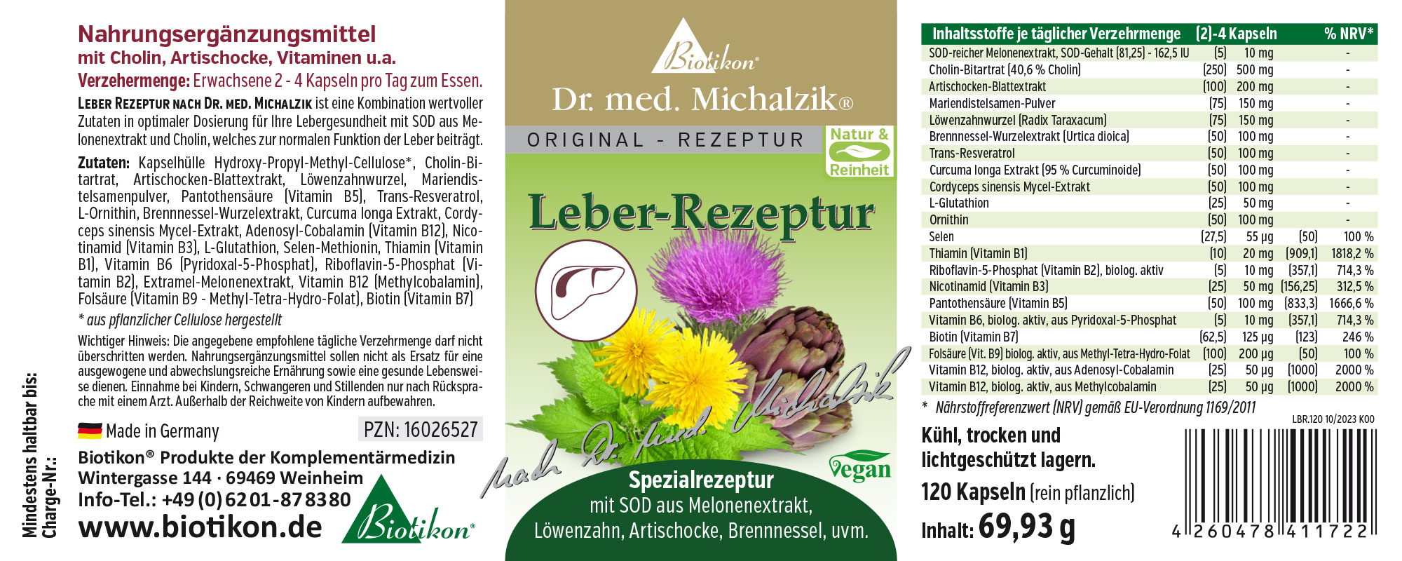 Leber-Rezeptur – 120 Kapseln Nahrungsergänzungsmittel in einer grünen Verpackung, 120 vegane Kapseln, zur Unterstützung der Lebergesundheit.