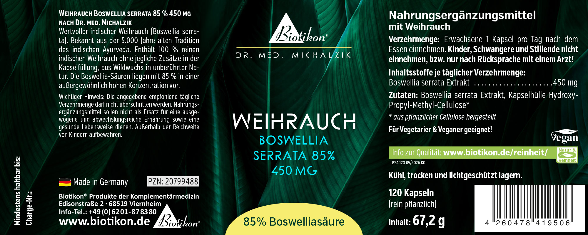 Weihrauch 450 mg Boswellia serrats 85% Etikett