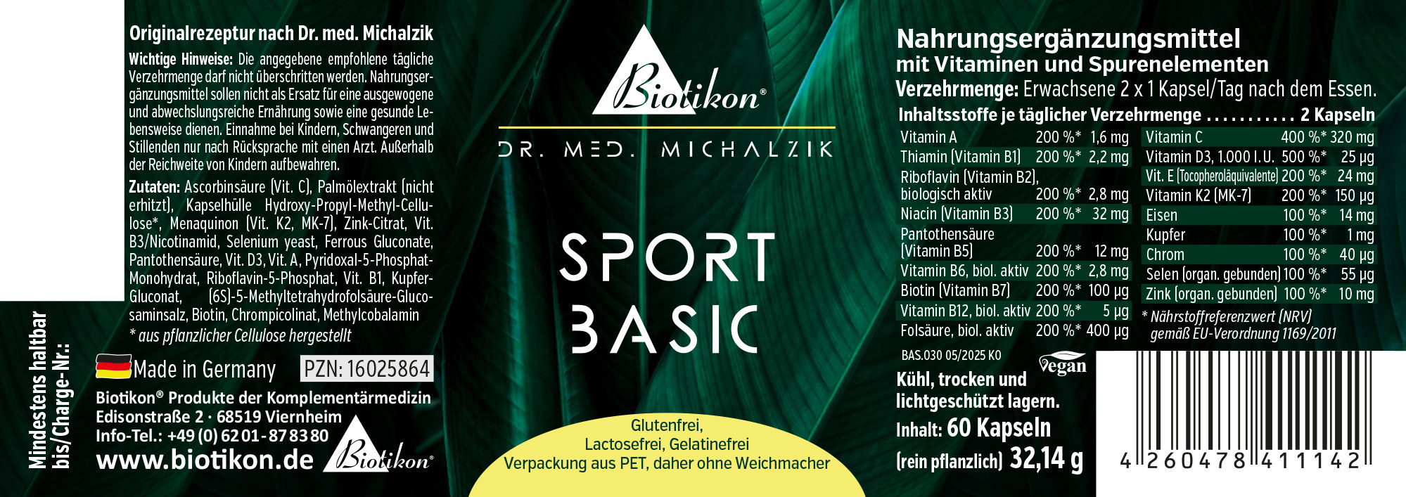 Sport Basic – 60 Kapseln Nahrungsergänzungsmittel in Kapselform, 60 Kapseln, in dunkler Verpackung, Vorderansicht.