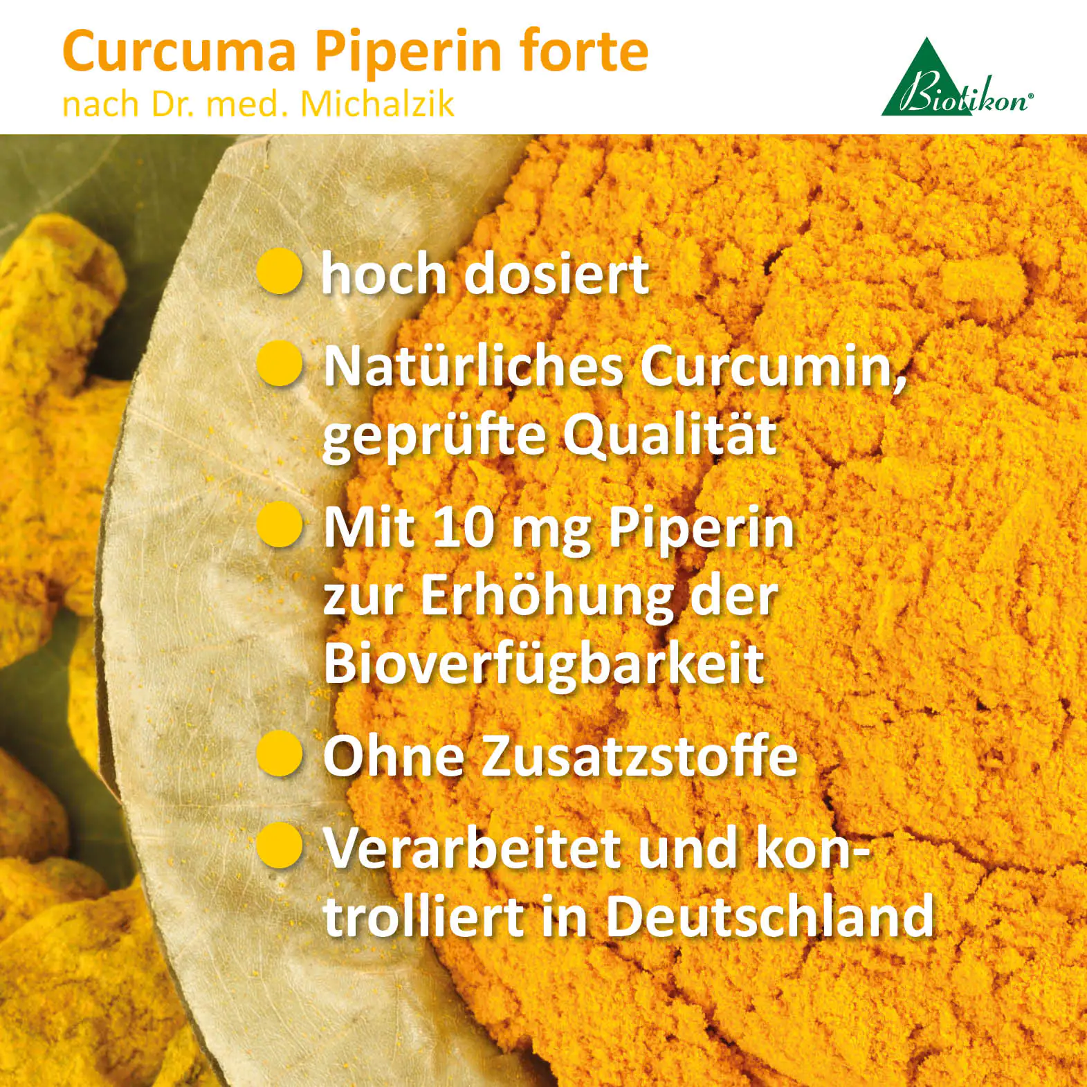 Curcuma Piperin forte – hoch dosiert Curcuma Pulver in gelber Farbe, fein gemahlen, mit Kurkumawurzel im Hintergrund, Packungsdesign sichtbar.
