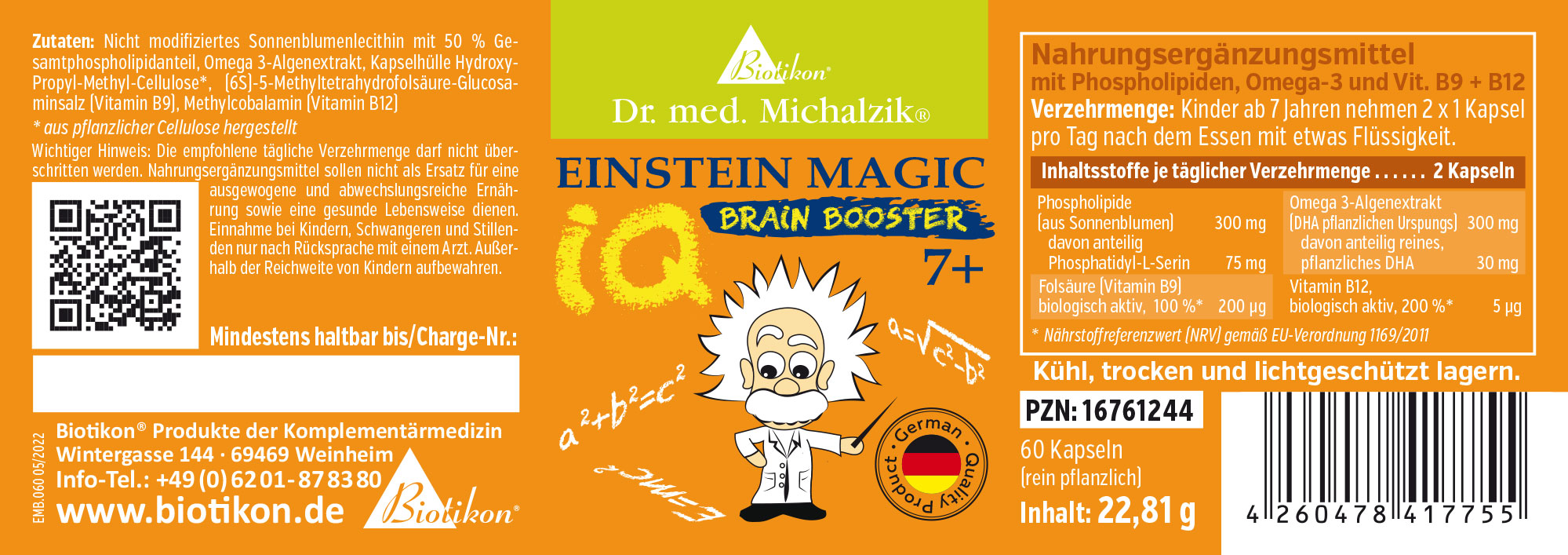 Einstein Magic IQ Brain Booster – 60 Kapseln Nahrungsergänzungsmittel in Kapseln, 60 Stück, orange Verpackung, mit Motiven eines Wissenschaftlers.