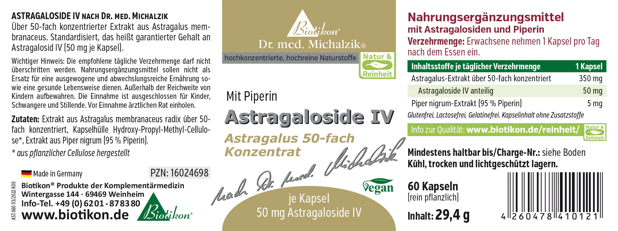 Astragaloside IV 50 mg – Kapseln Packung mit 60 Kapseln Astragaloside IV, 50 mg pro Kapsel, in grüner und weißer Verpackung, Vorderansicht.