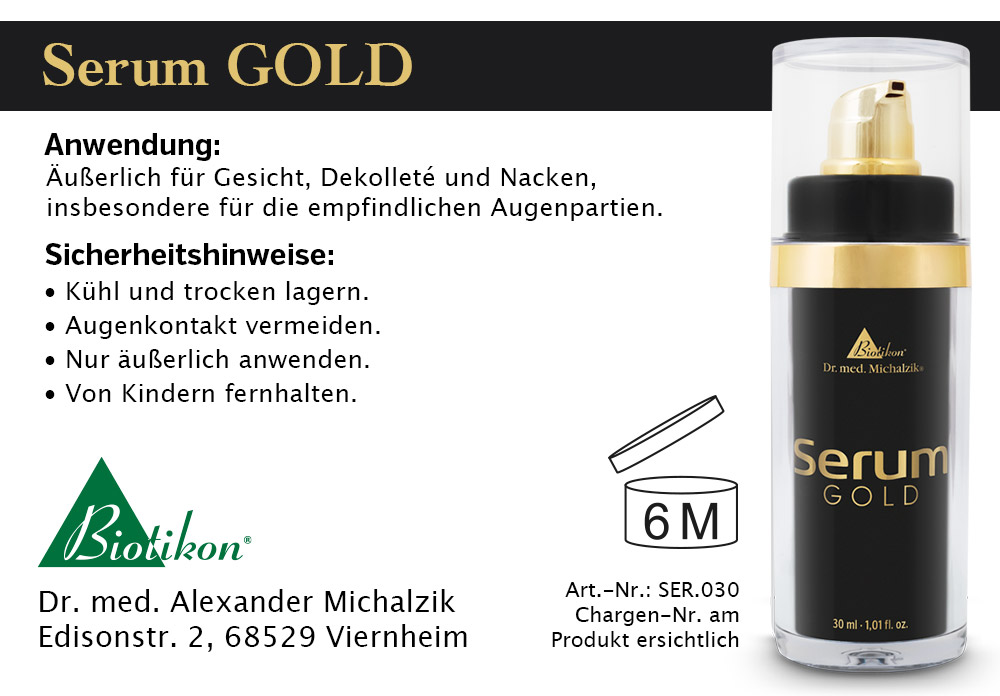 Serum GOLD – 30 ml Pumpspender Schwarzer Pumpspender mit goldenem Deckel, 30 ml Serum GOLD, für Gesicht und Dekolleté.