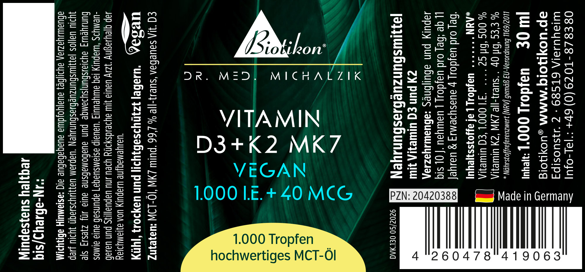 Flasche mit 30 ml Vitamin D3 und K2 MK7 in Tropfenform, grüne Verpackung, vegan.