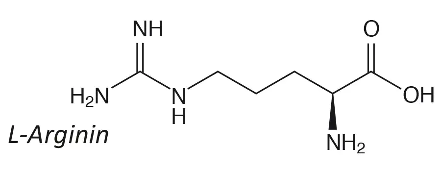 L-Arginin Strukturformel Strukturformel von L-Arginin, einfarbige Darstellung, chemische Bindungen und Gruppen sichtbar.