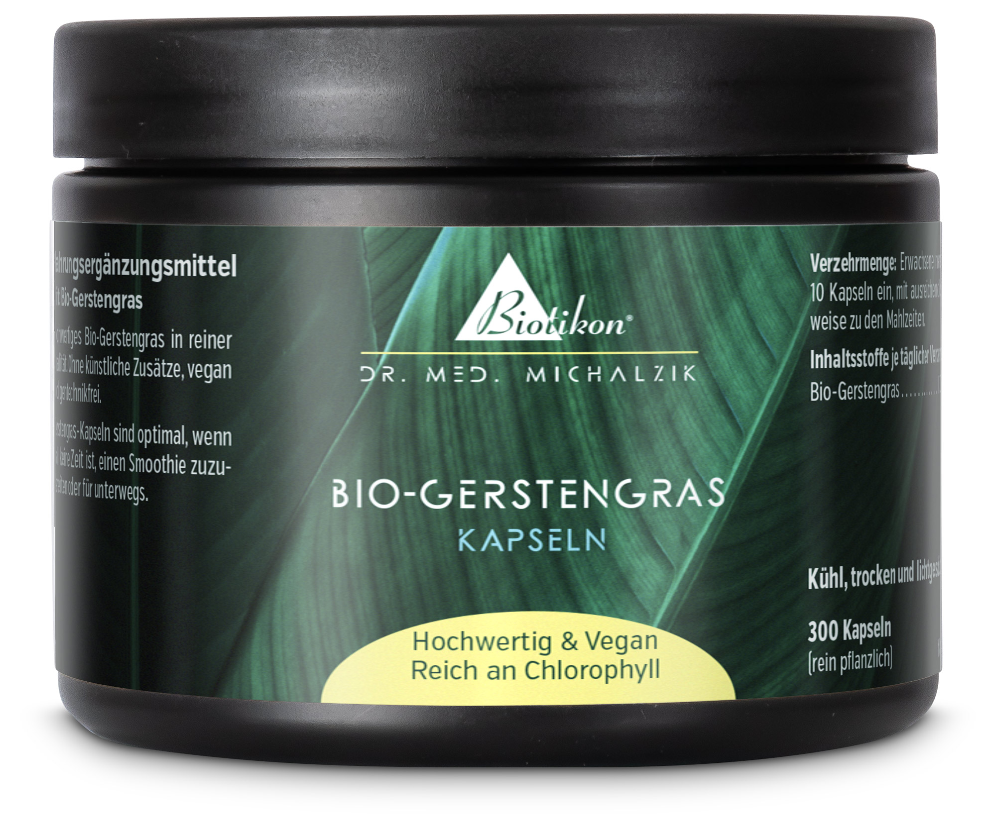 Bio-Gerstengras Kapseln – 300 Stück Bio-Gerstengras Kapseln in schwarzem Behälter, 300 Kapseln, vegan und hochwertig.