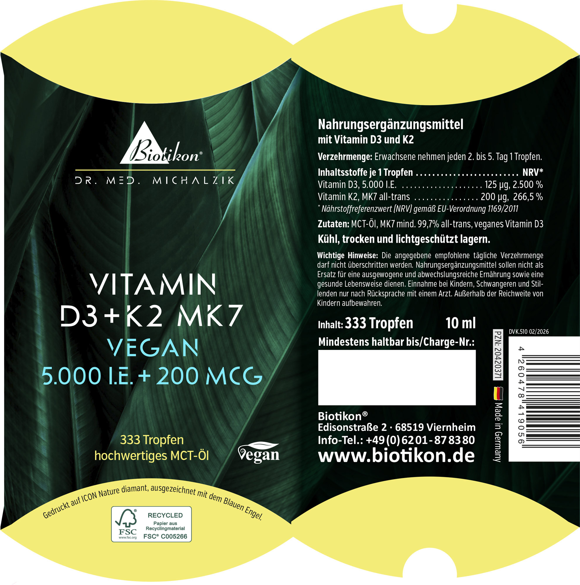 Nahrungsergänzungsmittel mit Vitamin D3 und K2 in Tropfenform, 10 ml, grüne Verpackung.
