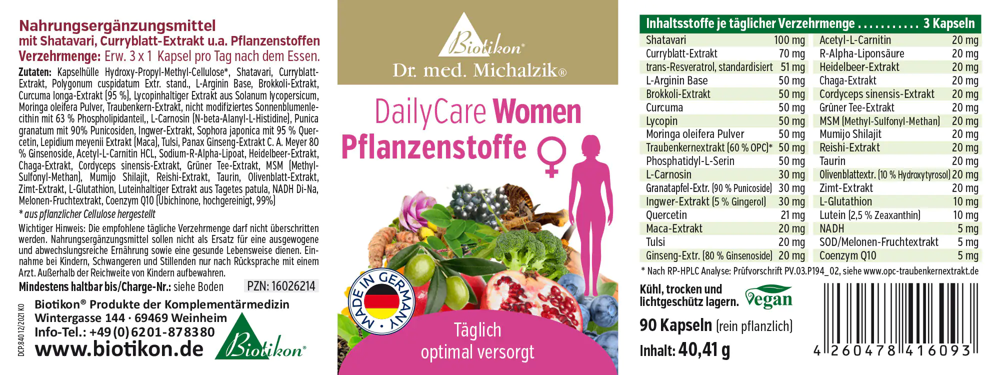 Pflanzenstoffe 90 Kapseln – DailyCare Women 90 Kapseln Nahrungsergänzungsmittel für Frauen, bunte Verpackung, enthält Shatavari und Curryblatt-Extrakt.