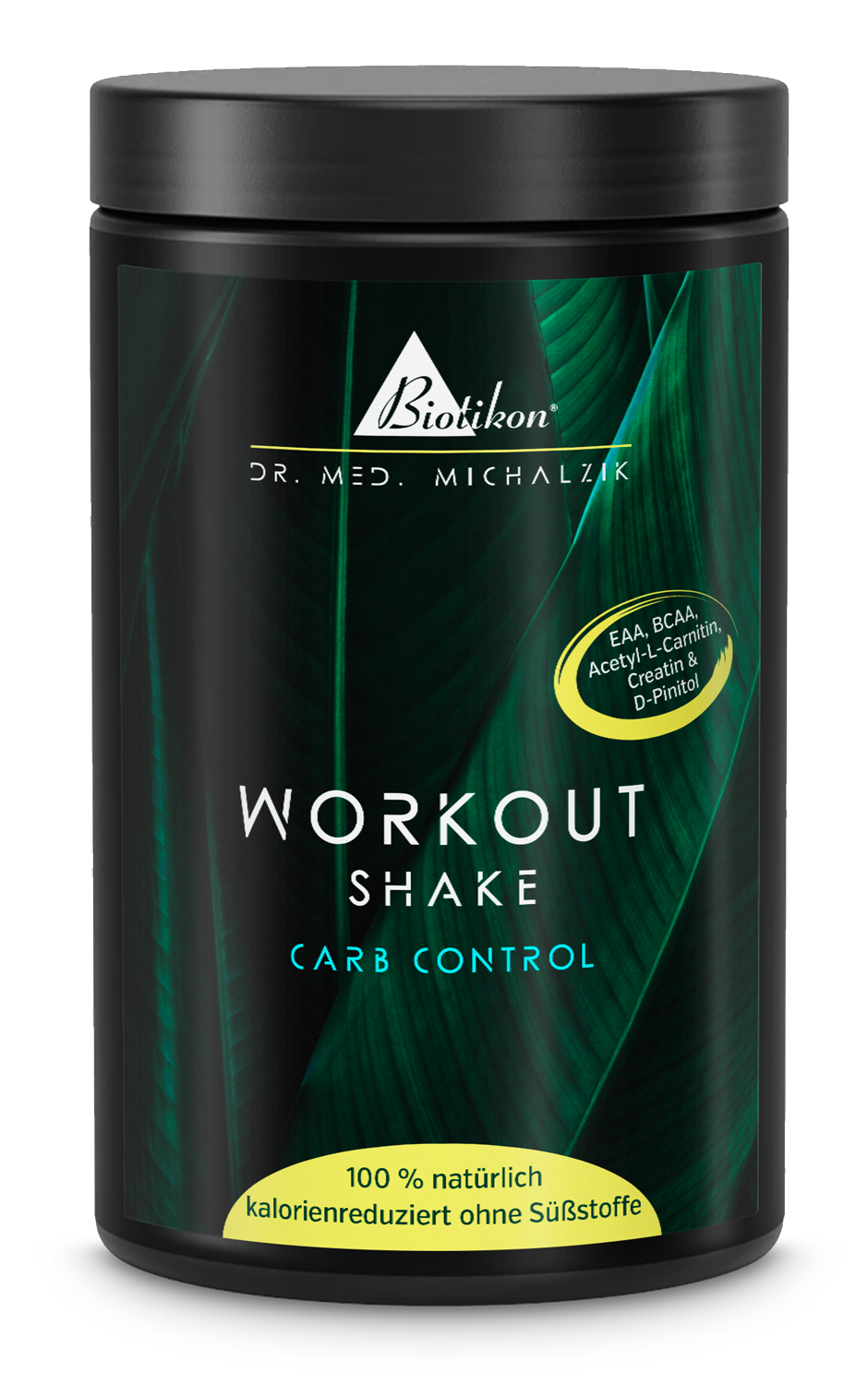 Workout Shake – Carb Control Schwarze Dose mit Workout Shake Carb Control, 100% natürlich, kalorienreduziert, ohne Süßstoffe, Sicht von vorne