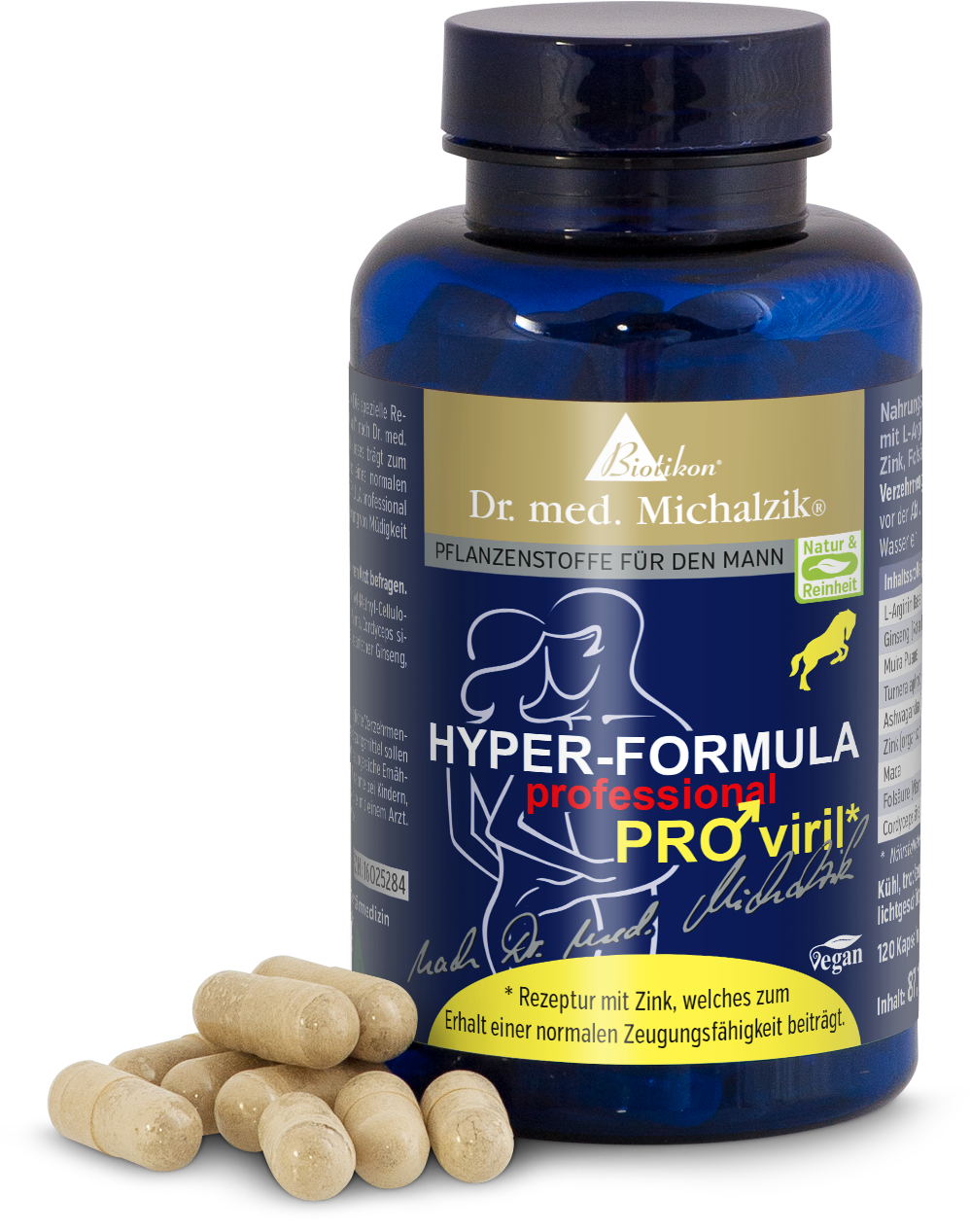 Hyper-Formula PRO viril 120 Kapseln Blaue Flasche mit 120 Kapseln, pflanzliche Zutaten, vegan, Kapseln außen sichtbar.