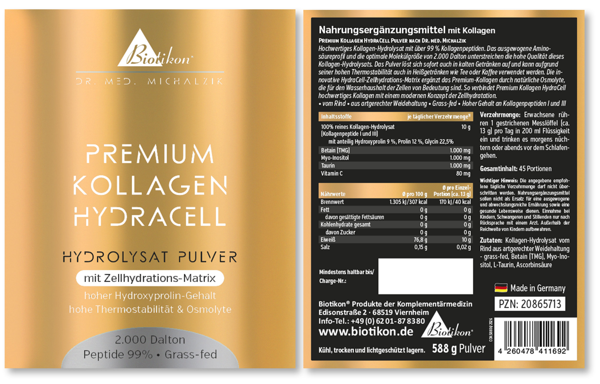 Premium Kollagen HydraCell Hydrolysat Pulver Dose Etikett