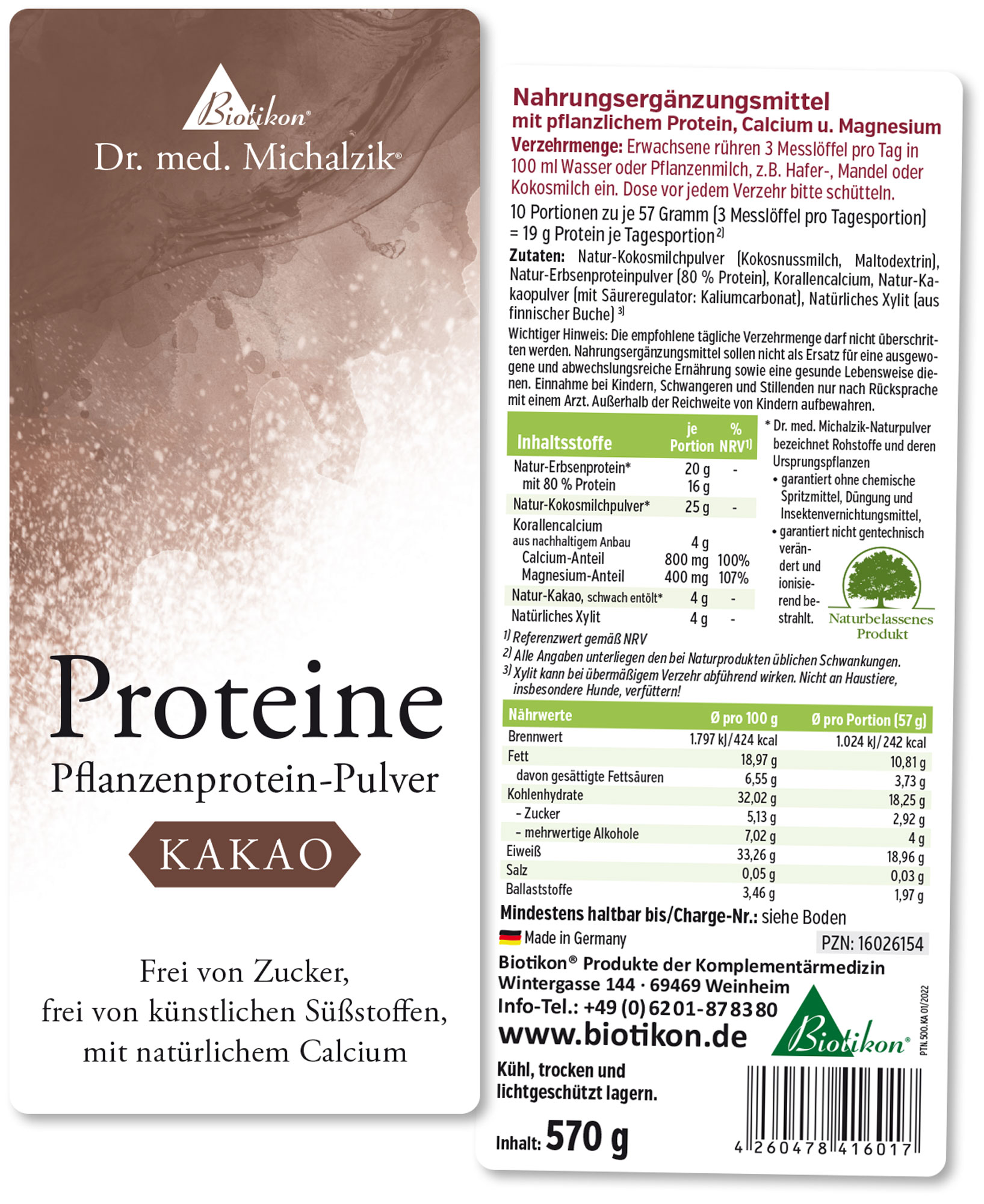 Pflanzenprotein-Pulver Kakao – 570 g Pflanzenprotein-Pulver in einer 570 g Verpackung, braune Farbe, Produktdetails sichtbar, Seitansicht.