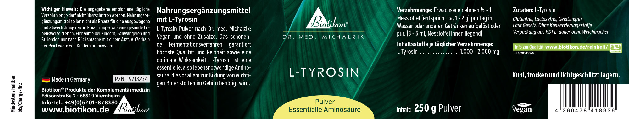L-Tyrosin 250 g – Pulver L-Tyrosin Nahrungsergänzungsmittel, 250 g Pulver in einer stabilen Verpackung, grüne Farbgestaltung, Vorderansicht.
