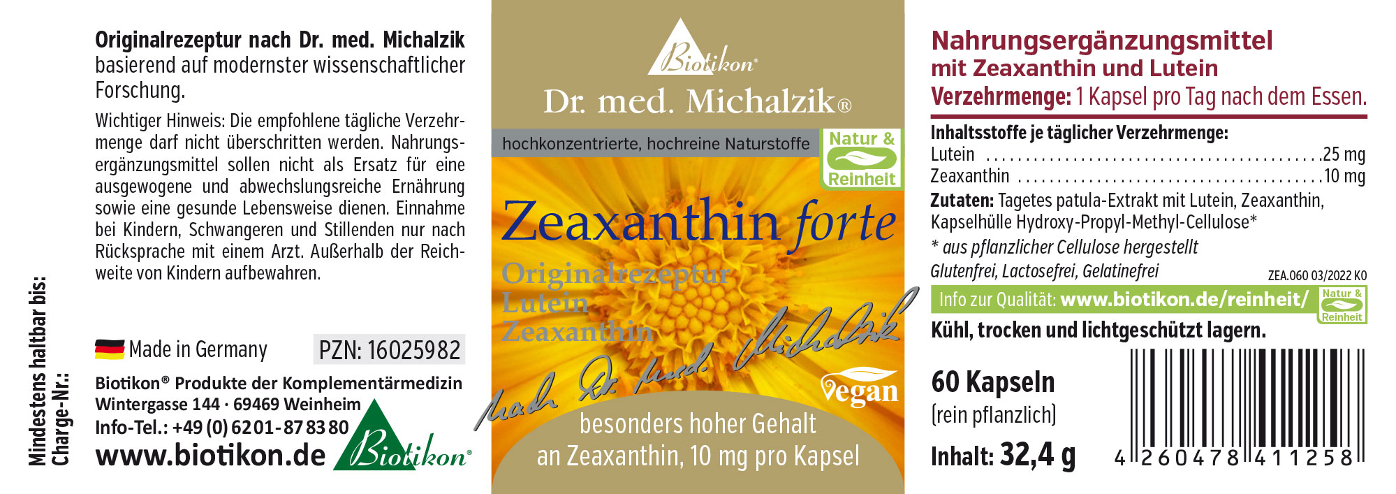 Zeaxanthin forte 10 mg – 60 Kapseln Nahrungsergänzungsmittel Zeaxanthin forte in einer Verpackung mit 60 Kapseln, vegan, hochkonzentriert.