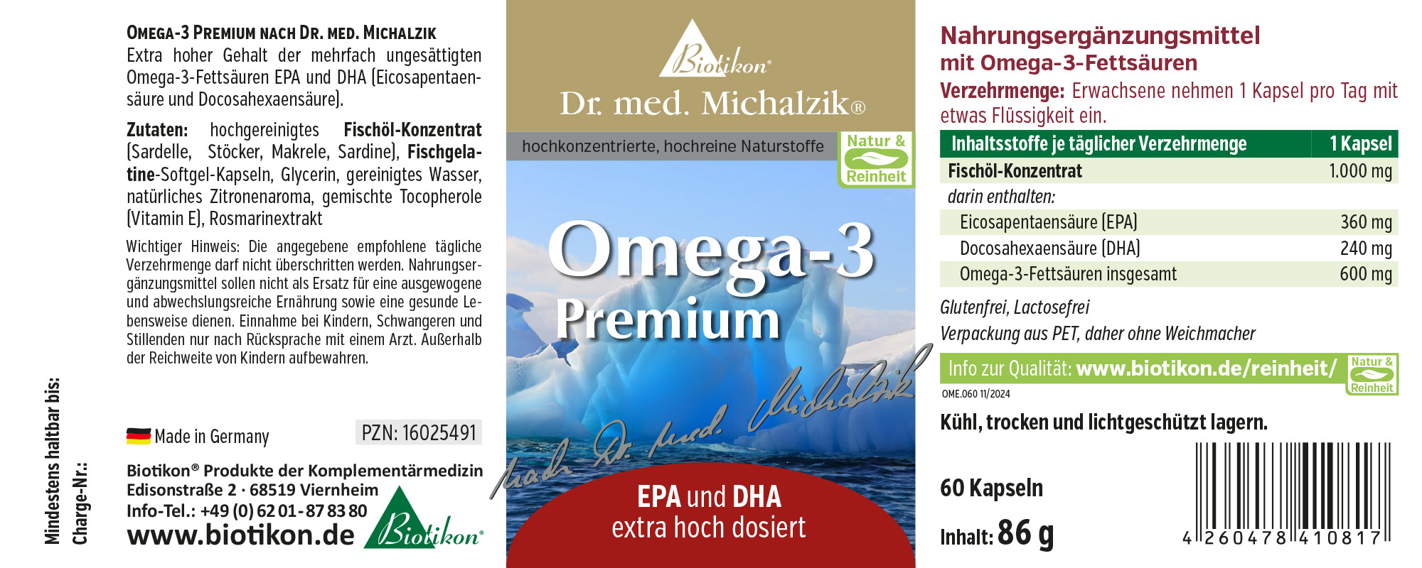 Omega-3 Premium 1000 mg – 60 Kapseln Omega-3 Premium Nahrungsergänzungsmittel in PET-Verpackung, 60 Softgel-Kapseln, blau-weiße Gestaltung.