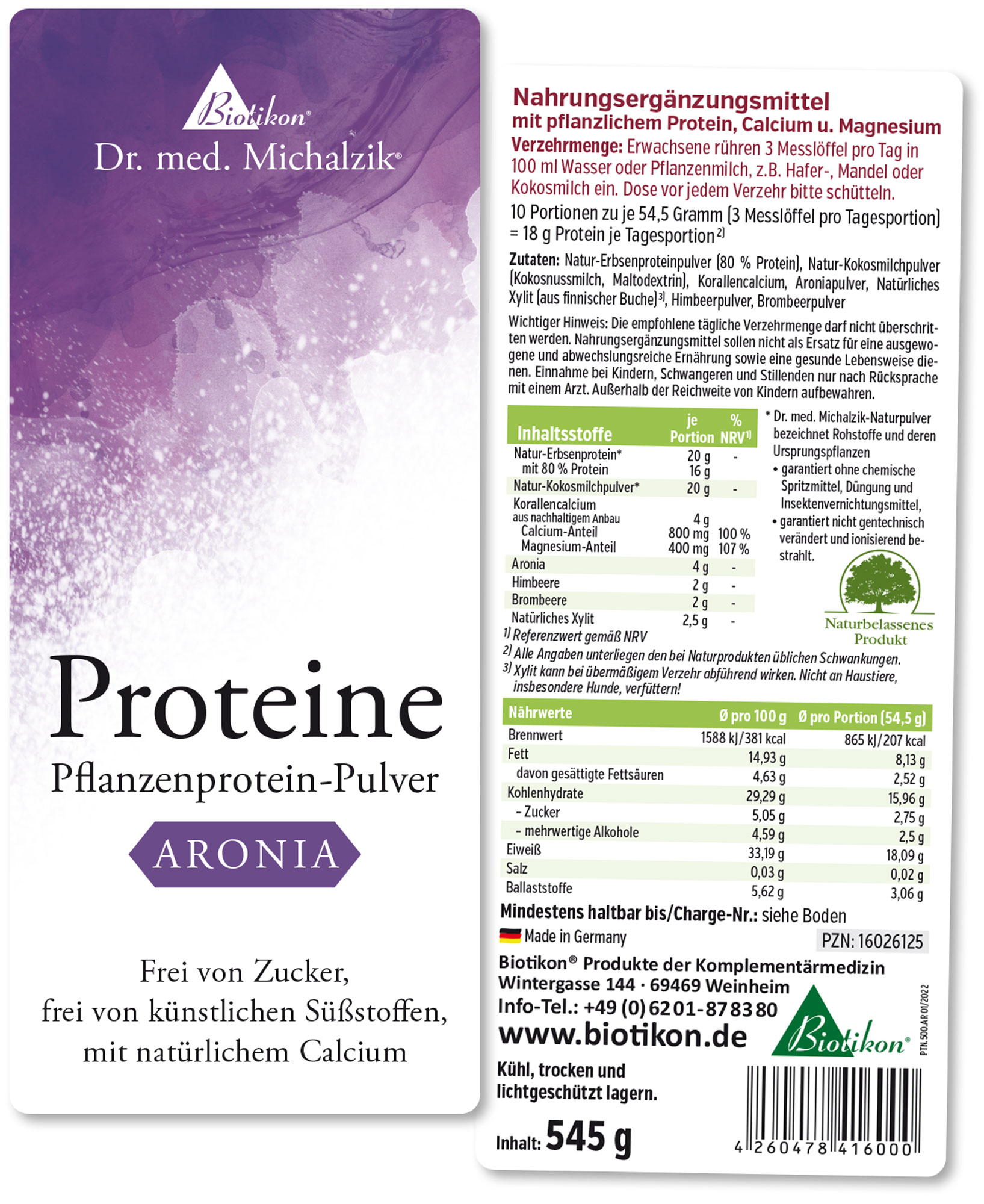 Pflanzenprotein-Pulver Aronia – 545 g Pflanzenprotein-Pulver in Kombination mit Aronia, Beerenmix, 545 g Verpackung, violett-weißer Design.