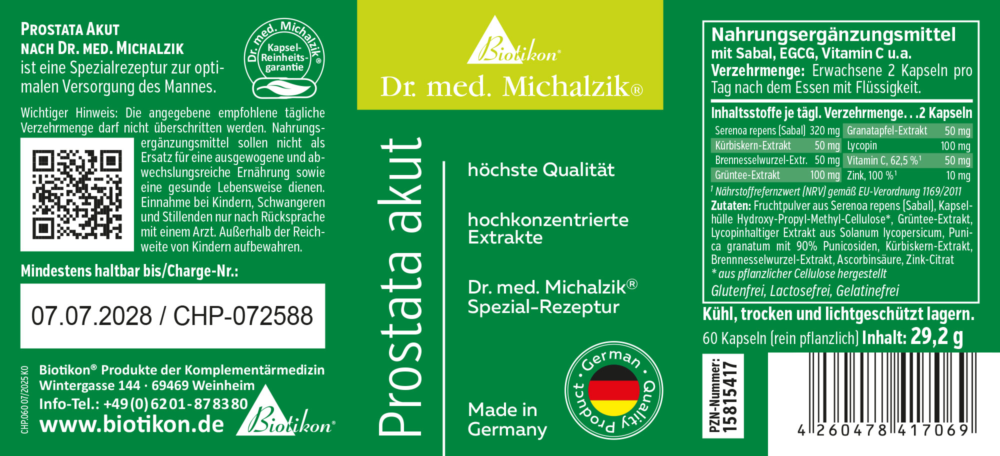 Prostata Akut Etikett Nahrungsergänzungsmittel in grüner Verpackung, 60 Kapseln, mit verschiedenen Extrakten, Made in Germany.