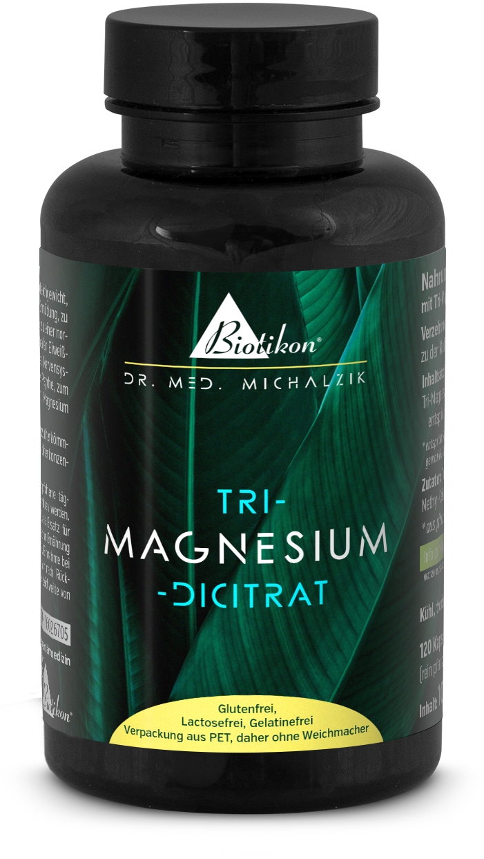Tri-Magnesium-Dicitrat 120 Kapseln Flasche mit Tri-Magnesium-Dicitrat, 120 Kapseln, schwarzes Design, grüne Blätter als Hintergrund.