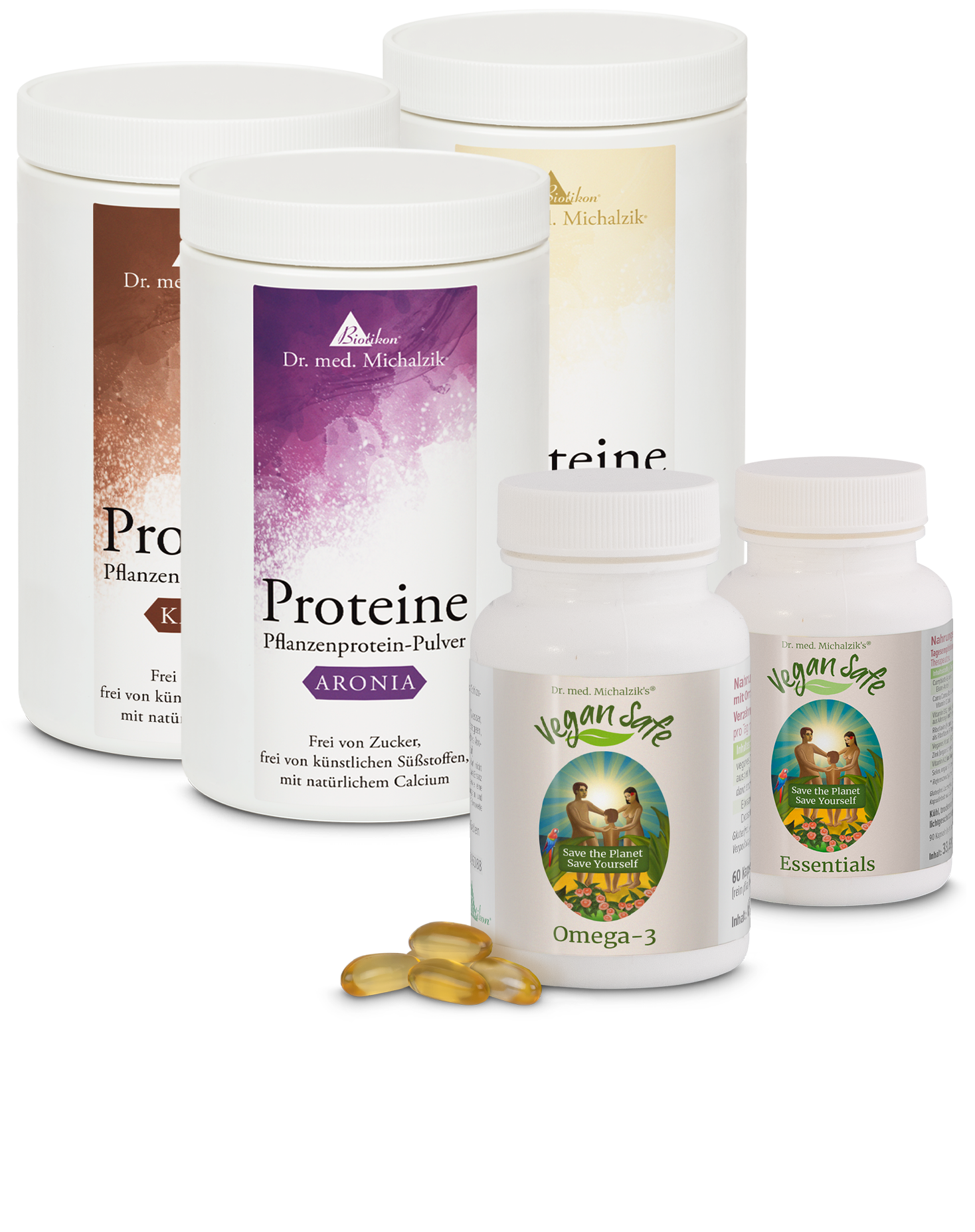 Pflanzenprotein-Pulver – 400 g Vier Behälter mit Pflanzenprotein-Pulver in unterschiedlichen Farben und Aufschriften, sowie Omega-3-Kapseln und Essenzen, auf weißem Hintergrund.