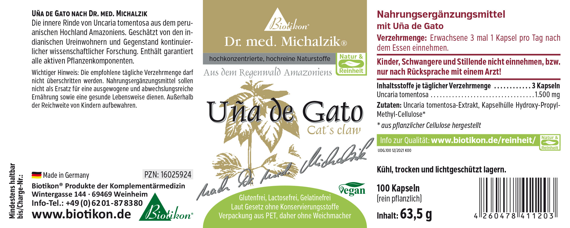 Uña de Gato 1500 mg – Kapseln Nahrungsergänzungsmittel Uña de Gato, 100 Kapseln in PET-Verpackung, vegan, grüne Etikettierung.