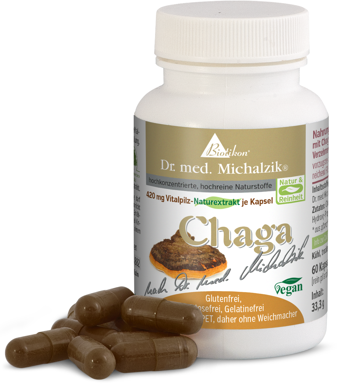 Chaga 420 mg – Kapseln Chaga Vitalpilz-Naturextrakt Kapseln, 60 Stück, braune Kapseln im Vordergrund, Flasche im Hintergrund.