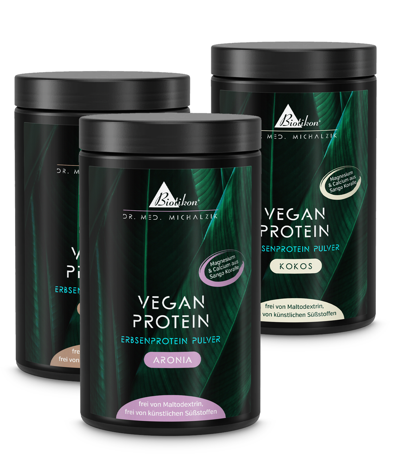 Pflanzenprotein-Pulver – Aronia, Kakao, Kokos Drei Dosen mit pflanzenbasierten Protein-Pulvern in verschiedenen Geschmacksrichtungen: Aronia, Kakao und Kokos.