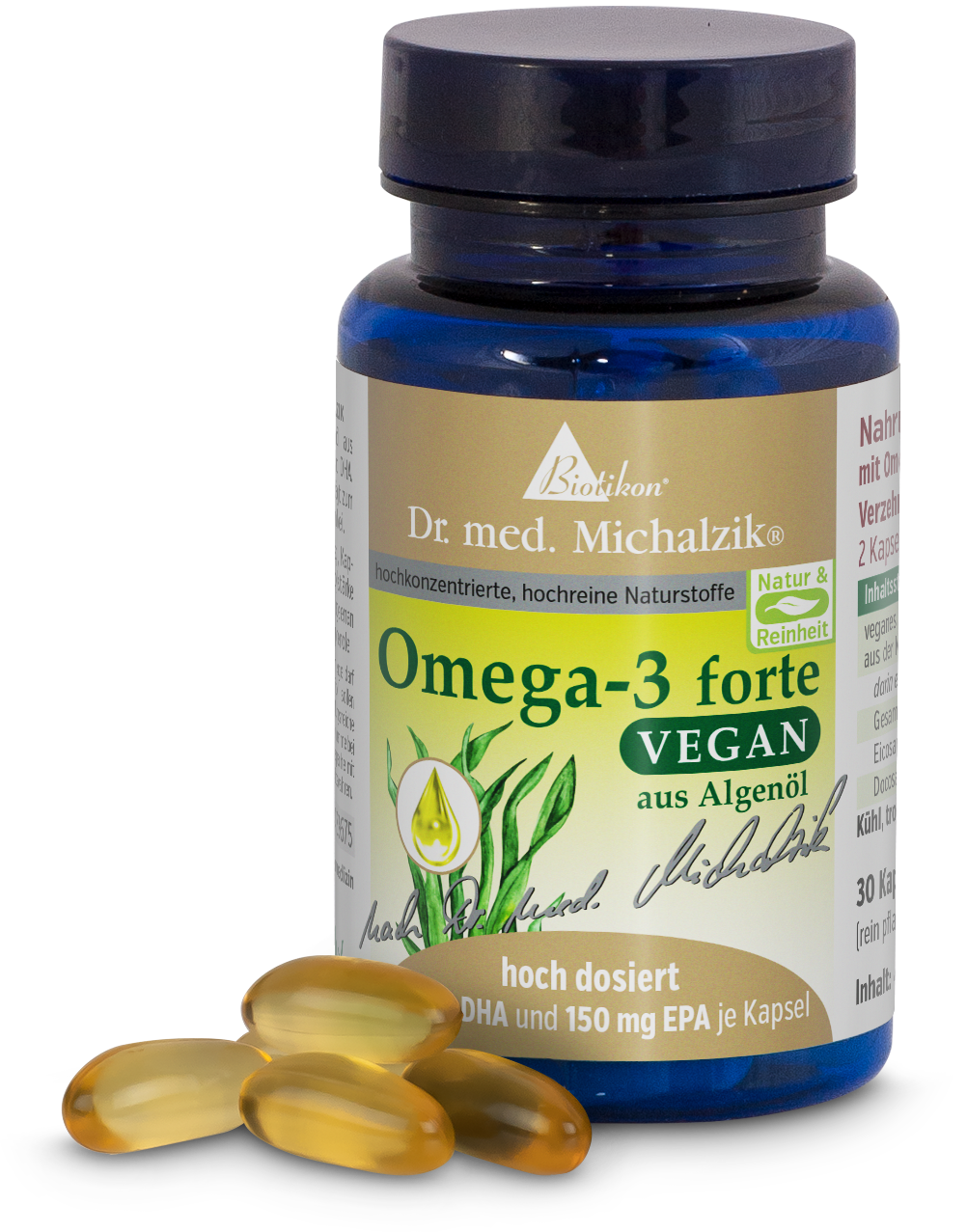 Omega-3 forte 150 mg – Kapseln Schwarze Kapsel-Flasche mit 30 veganen Omega-3 Kapseln aus Algenöl, farbig und hochwertig gestaltet.