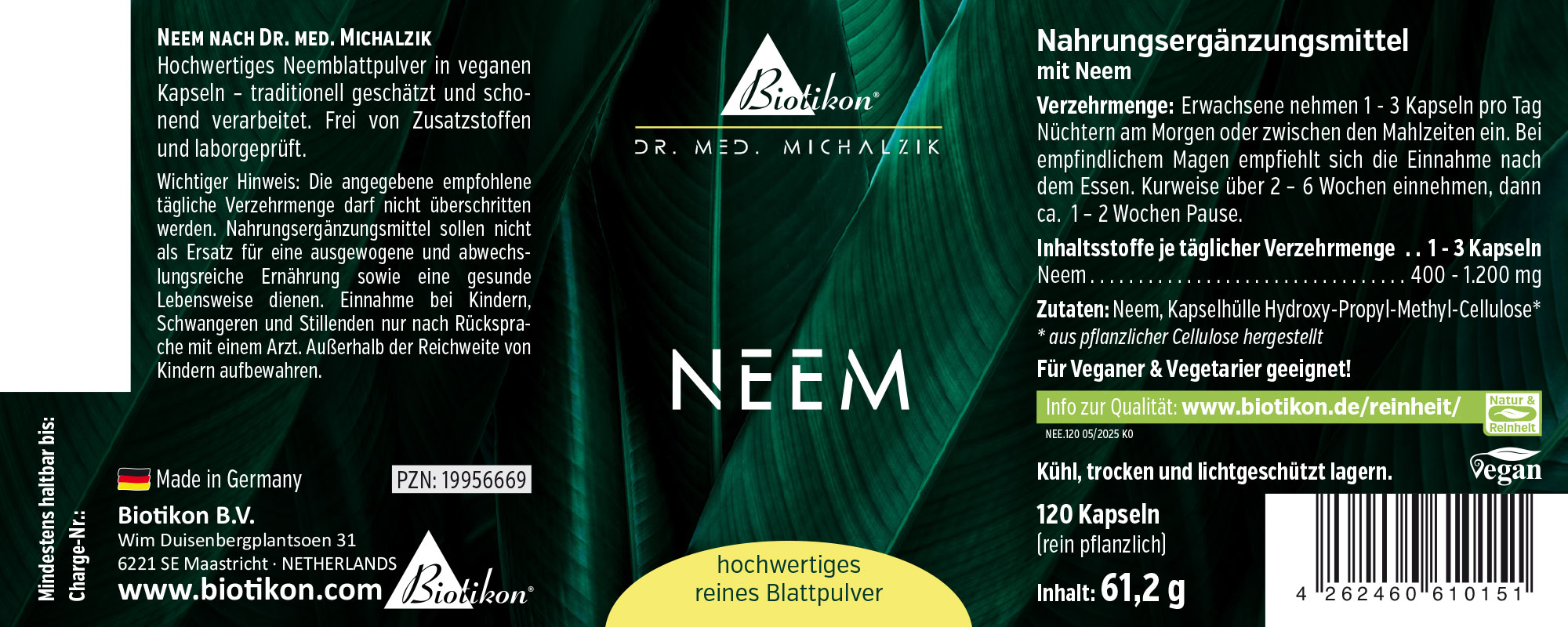Neem Pulver 120 Kapseln – rein pflanzlich 120 vegane Kapseln mit hochwertigem Neem Blattpulver, Verpackung in grünlichen Tönen, Vorderansicht.