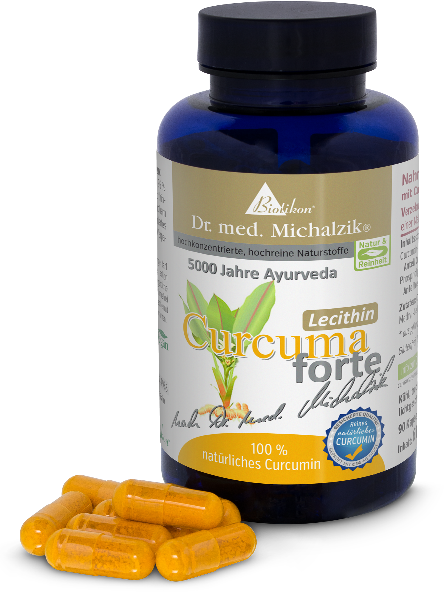 Curcuma forte – 90 Kapseln Kapseln mit natürlichem Curcumin in blauer Glasflasche, 90 Stück, gelb-orangefarbene Kapseln, Frontansicht