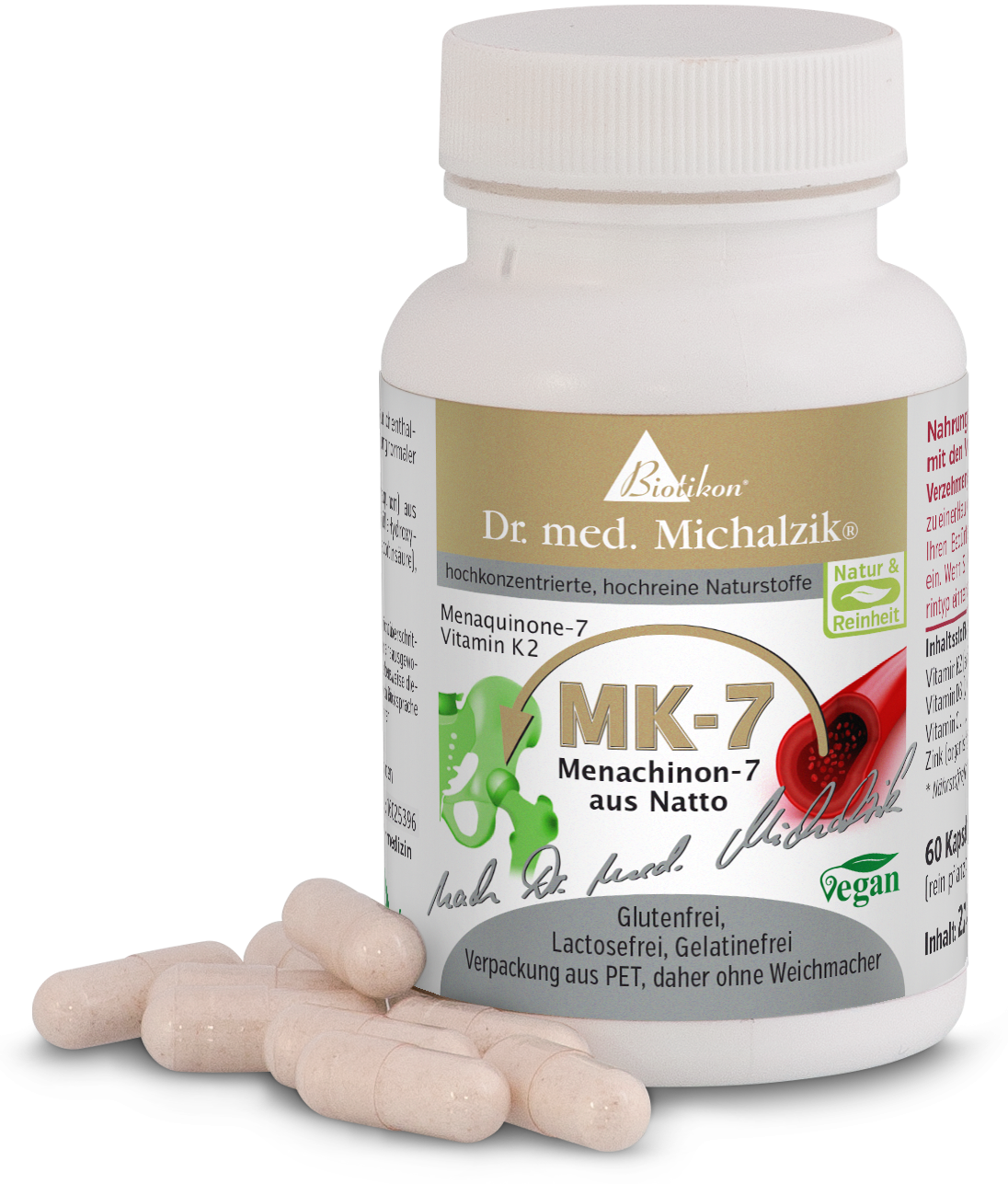 Vitamin K2 MK-7 – 60 Kapseln Glasbehälter mit Vitamin K2 MK-7 Kapseln, Farbe weiß, 60 Kapseln sichtbar, vegan, glutenfrei.